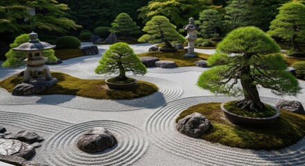 Serene Japanese Zen Garden Tranquil Landscape Design with Bonsai Trees and Gravel Patterns