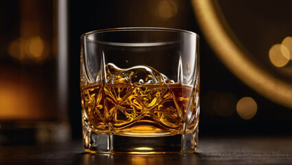 Glass of Whiskey with Ice Cubes on Wooden Table