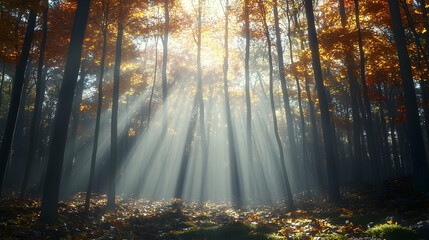 Sunbeams pierce through autumn forest canopy, illuminating falle