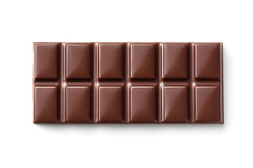 Obraz premium Top view of a milk chocolate bar with square segments. Smooth and glossy milk chocolate bar isolated on white background, viewed from above — perfect for confectionery, food ads, or dessert menus.