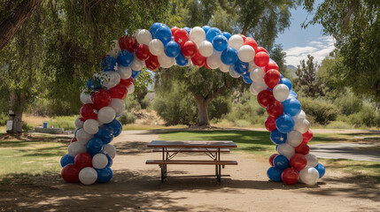 Patriotic balloon arch with picnic table below