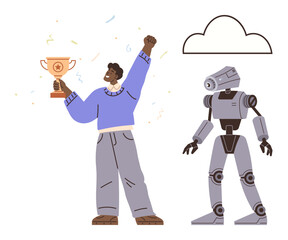 Person excitedly holding trophy while standing beside robot under a cloud outline. Ideal for technology, success, teamwork, innovation, AI, human-machine interaction, simple flat metaphor