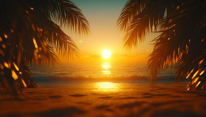 Golden sunset over tropical beach framed by palm fronds, serene