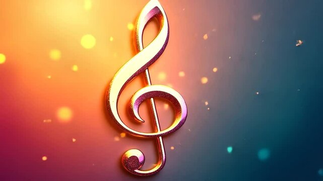 A vibrant musical background featuring a golden treble clef symbol. The backdrop has a smooth gradient with colorful bokeh effects, ideal for text space and mockup designs.