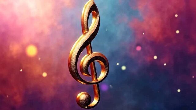 A golden treble clef symbol stands prominently against a colorful, blurred background with vibrant hues and soft bokeh effects, ideal for music-related mockups.