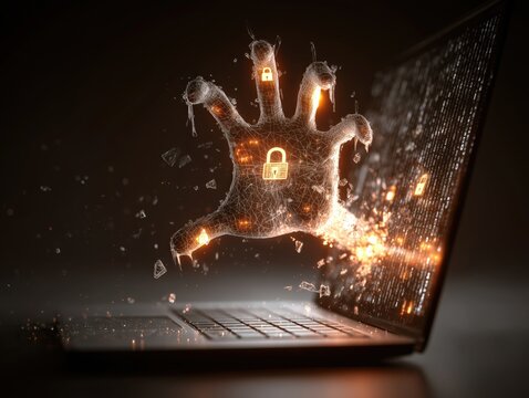 glowing hacker hand reaching through a laptop screen, breaking digital firewalls