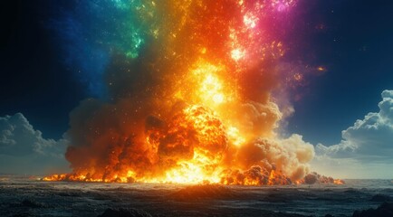 Fiery explosion with colorful sky and dark landscape background