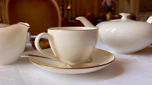 A quiet tea setting with cream jug, teapot and gold-rimmed cup waiting, evoking the charm of traditional English hospitality, slow motion