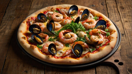 Seafood Pizza on Rustic Wooden Table