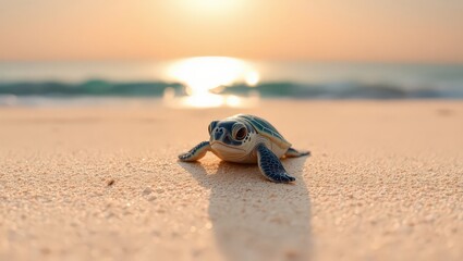 Obraz premium Close-up of Vulnerable Baby Sea Turtle on Pristine Beach