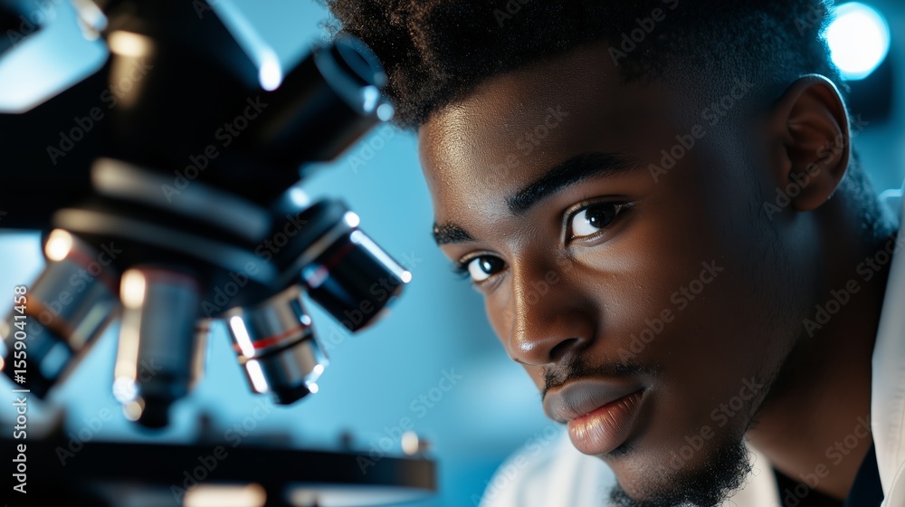 Poster young scientist examining samples under a microscope in a laboratory setting during daytime