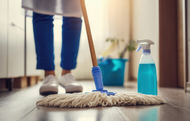 Close-up view of a diligent cleaning lady mopping the bathroom floor at home during a sunny afternoon
