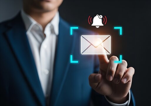 Man in dark suit touching glowing envelope and notification bell icons blue white