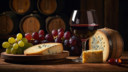 Red Wine with Cheese, Grapes and Oak Barrels Composition