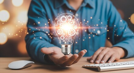 Person holding illuminated lightbulb with gears and sparks glowing