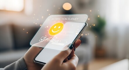 Person holding smartphone with digital satisfaction survey and smiley face hand