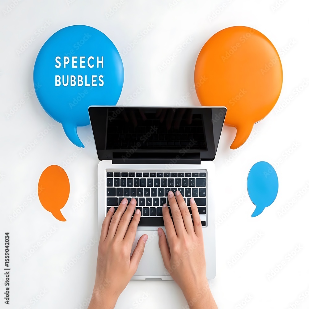 Aufkleber hands typing on laptop with blue and orange speech bubbles computer keyboard