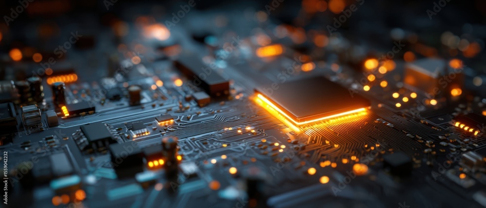 Poster the illuminated circuit board depicting advanced technology and innovation.