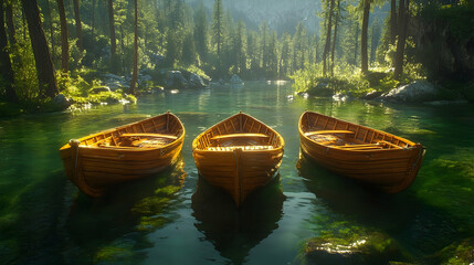 Three Wooden Boats on a Serene Forest River