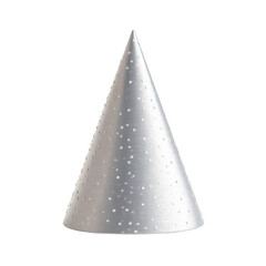 A single silver party hat with white polka dots on a black background