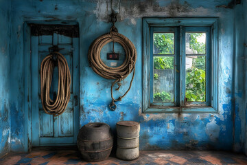 Weathered Blue Room with Ropes, Window View, and Rustic Industri