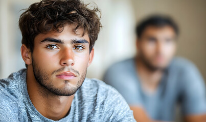 Pensive Young Man with Curly Hair and Out of Focus Companion