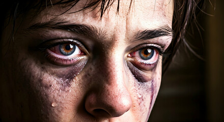 A close-up of a person's bruised tear-filled face revealing deep emotional pain and suffering. Ideal for powerful visual storytelling conveying hardship trauma or distress in awareness campaigns.