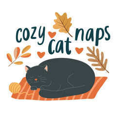 Cute autumn illustration with a black cat sleeping on a striped rug, surrounded by fall leaves and hearts. Includes the phrase Cozy cat naps. Great for greeting cards and fall decor