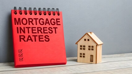 Notes with words mortgage interest rates and house. Loan and credit interest. Apartments and real estate market analysis concept. Business and Finance  concept.