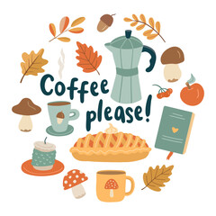 Hand drawn cozy autumn illustration with pie, coffee, mushrooms, book, and leaves, centered around the phrase Coffee please! Perfect for greeting cards, posters, or seasonal decor.