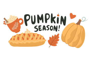 Hand drawn autumn illustration with pumpkin, pie, cup of coffee, leaves, and “Pumpkin Season” lettering. Ideal for greeting cards, fall decor, and seasonal designs