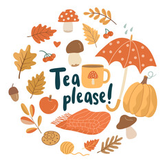 Hand drawn fall illustration with tea mug, pumpkin, umbrella, blanket, cookies, leaves, and Tea please! lettering. Perfect for cozy greeting cards and seasonal autumn designs
