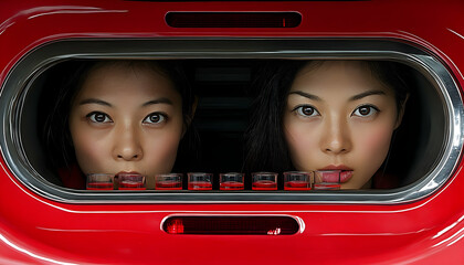 Two Women Gaze Intensely from Red Vessel with Shots