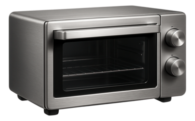 A stainless steel mini oven with a sleek finish, perfect for modern studio apartments, offering an easy-to-clean surface.