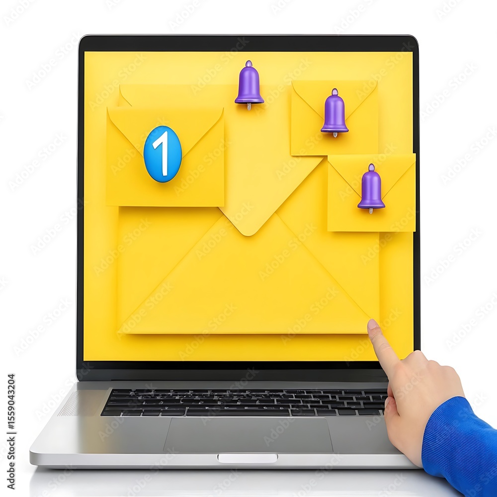 Poster laptop screen displays yellow envelopes with notification bells and a single unread message image