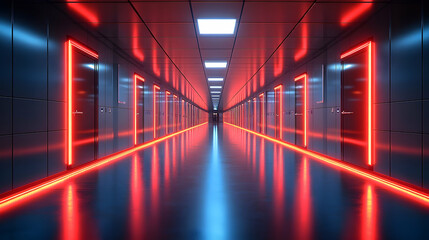 Futuristic Corridor with Red Neon Door Frames and Reflective Blu