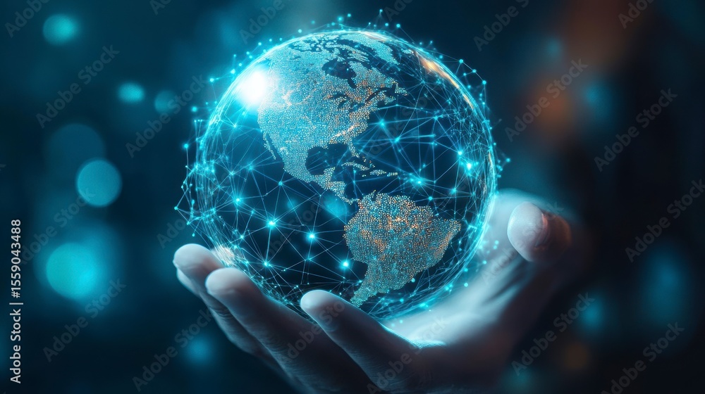Poster global network connection visualized as a glowing earth held in a hand.