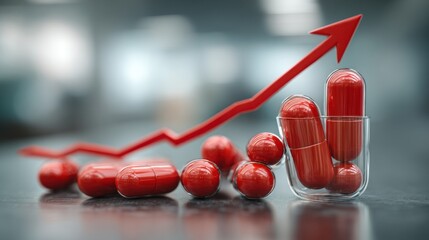 Bright red capsules are scattered on a surface, with a transparent cup holding a few. A red upward arrow graph illustrates growth trends in the pharmaceutical industry.