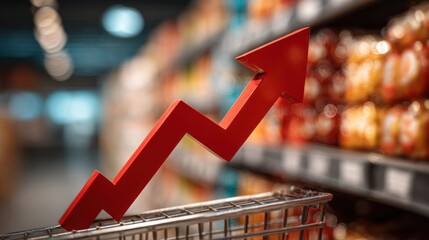 A red arrow indicating upward growth is placed in a grocery cart in a store aisle. Shelves lined with various jars and packages showcase a bustling shopping environment.
