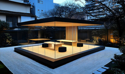 Modern Japanese Tea House with Glass Walls and Raked Sand Garden