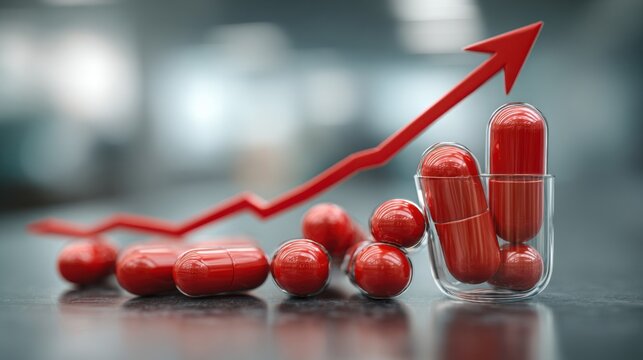 Bright red capsules are scattered on a surface, with a transparent cup holding a few. A red upward arrow graph illustrates growth trends in the pharmaceutical industry.