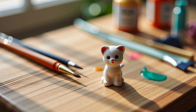 Tiny kawaii ceramic kitten model with paintbrushes and paint tubes on rustic desk – macro top-down photo for cute craft, DIY, ceramic art, or handmade hobby content