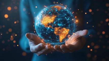 Person's hands gently cradling a glowing digital Earth globe, symbolizing global connection and technology.