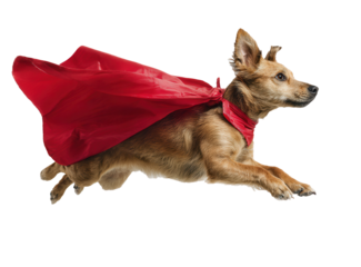 Superhero dog in a bright red cape soars through the air with grace and determination against a clean white backdrop