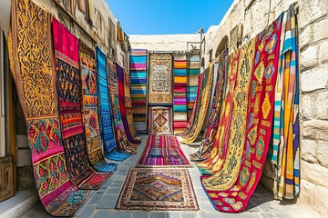Vibrant Rugs Displayed in a Narrow Alleyway Under a Bright Blue