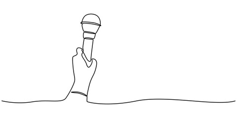 Hands holding news microphone in continuous one line drawing style. Journalist, reporter concept, Continuous line art drawing of hand holding microphone. Hand holds mic in one line drawing minimalist.