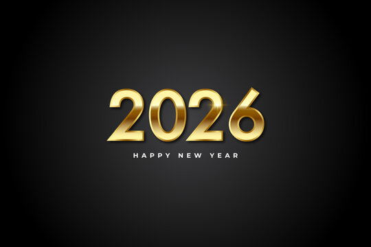 Happy new year 2026. Elegant gold text with light on black background. Vector illustration
