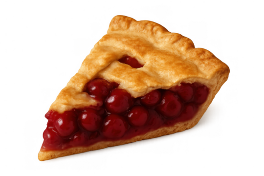 Golden-brown crust embraces glistening red cherries in this tempting slice of pie, isolated on a transparent background