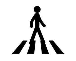 Graphic symbol of a pedestrian crossing a crosswalk in black and white