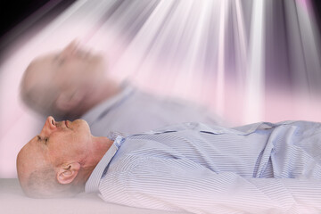 Spirit leaving man  body. Death and afterlife concept